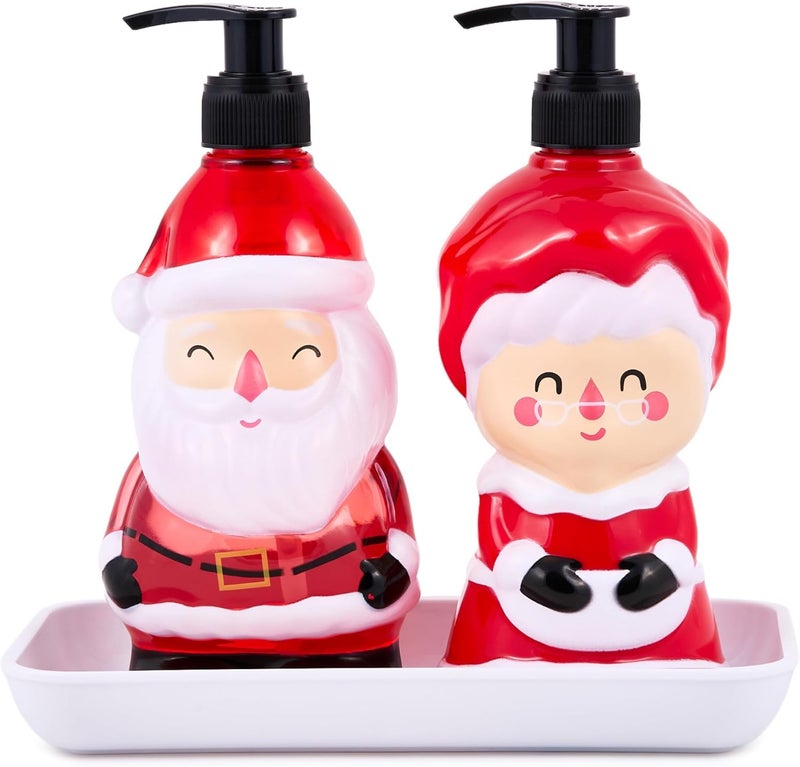 simple pleasures Santa & Mrs. Claus Christmas Holiday 2 Pack Frosted Vanilla Scented Decorative Refillable Soap Dispensers for Kitchen Countertops and Bathroom Sinks - Image 1